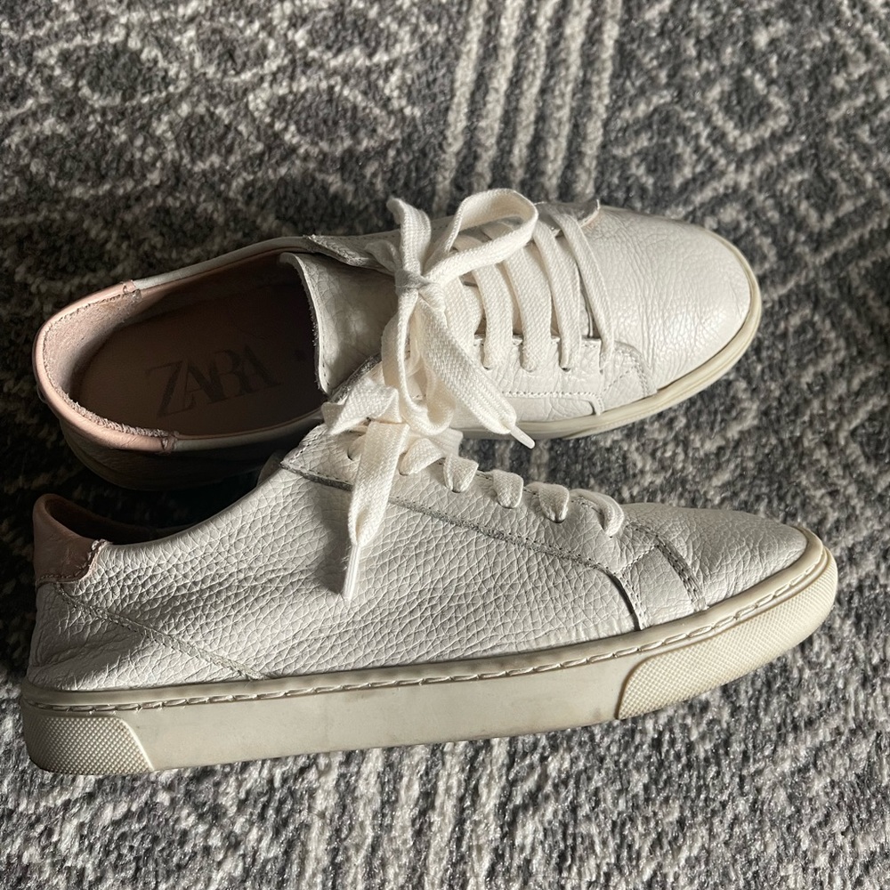 Zara genuine white and blush leather sneakers 37/6.5